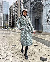 Пальто женское зимнее стеганое с мехом, бирюзово-серое
