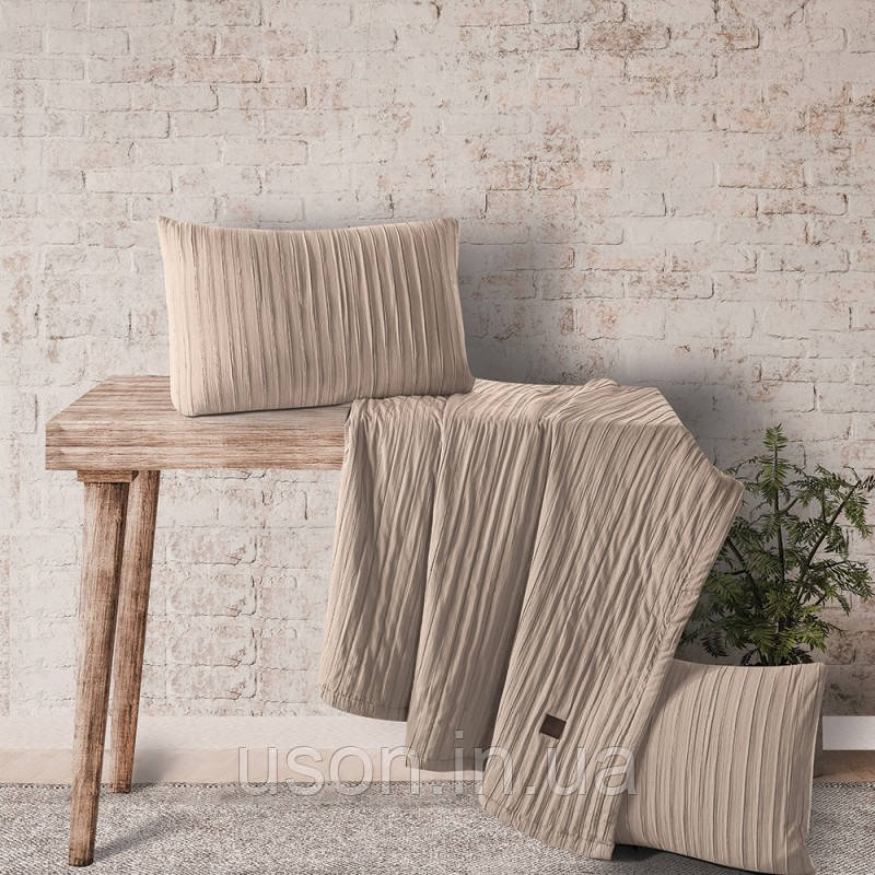 Покривало бавовняне жаккард з наволочками 240x260 Тм Edante Denim колір бежевий, фото 1