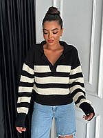 Теплый женский вязаный свитер с воротником/ черный укороченный свитер в полоску 42/46