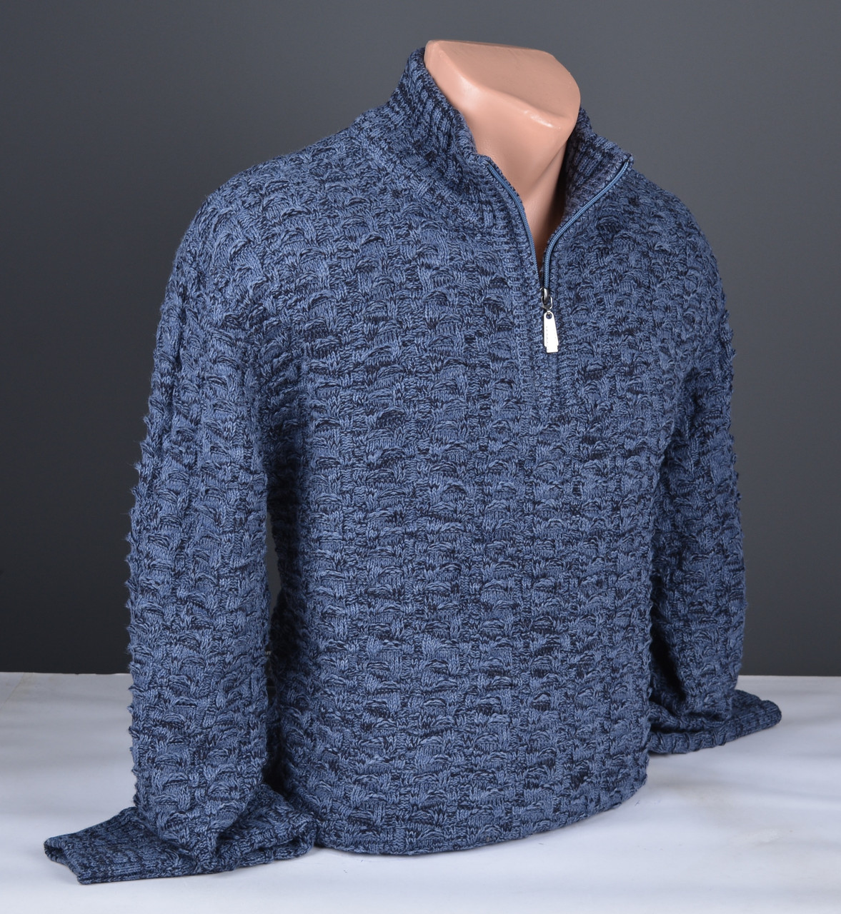 Чоловічий теплий светр із коміром на блискавці синій Туреччина 7192