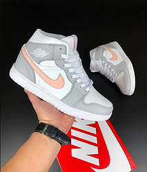 Зимові жіночі кросівки Nike Air Jordan 1 Retro Winter gray pink Fur Найк Джордан Ретро сірі рожевим з хутром