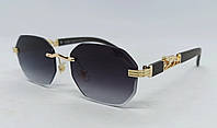 Cartier очки унисекс солнцезащитные брендовые безоправные темно серый градиент с золотым ягуаром на дужках