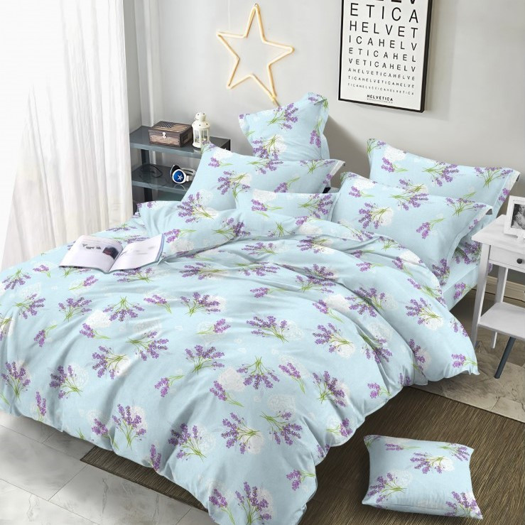 Простирадло 150х220 (Бязь) | Полуторне простирадло від виробника "Королева Ночі" | Лаванда на блакитному, фото 1