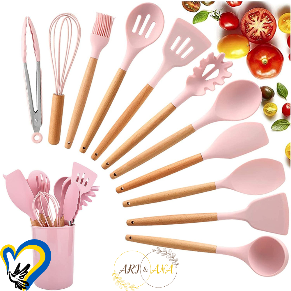 Набір кухонний із 12 предметів AriAna рожевий, набір кухонних приладів, аксесуарів