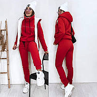 Стильний трикотажний теплий жіночий костюм-трійка: штани + худі +жилетка на хутрі р.42-48. Арт-3304/14 червоний