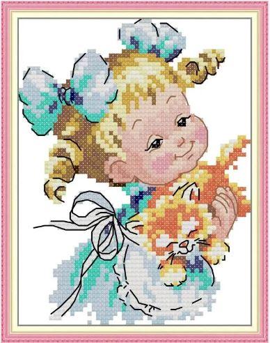 Набір для вишивання за нанесеною на канву схемою "Girl and kitten". AIDA 14CT printed 15*18 см