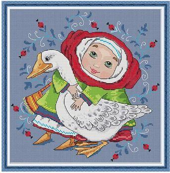 Набір для вишивання за нанесеною на канву схемою "Girl with White Goose". AIDA 14CT printed 25*25 см, фото 1