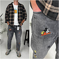 МОМ джинсы мужские серые с вышивкой Микки Маус турецкие на весну - осень, молодежная модель