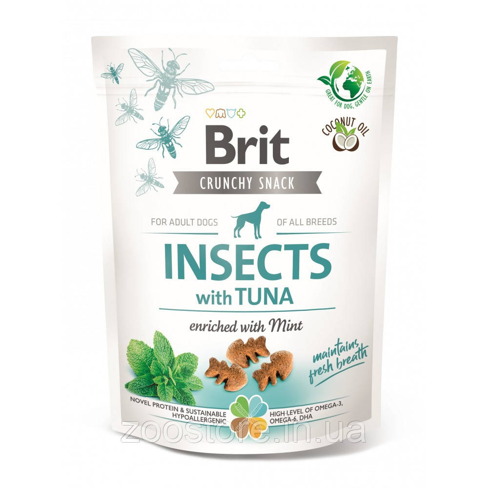 Ласощі для собак Brit Care Dog Crunchy Cracker Insects для свіжості подиху комахи, тунець, м'ята, 200 г