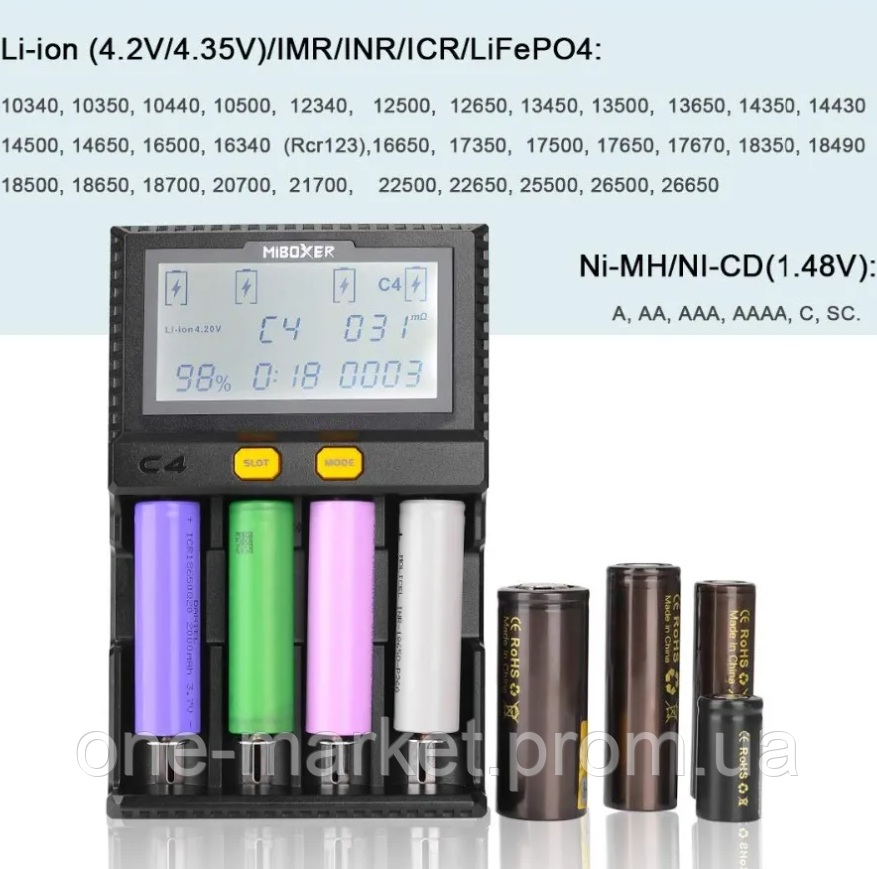 MIBOXER C4 V4 Интеллектуальная 4-канальная зарядка для Li-ion/LiFePO4/Ni-MH C разрядом - фото 3 - id-p2003314379