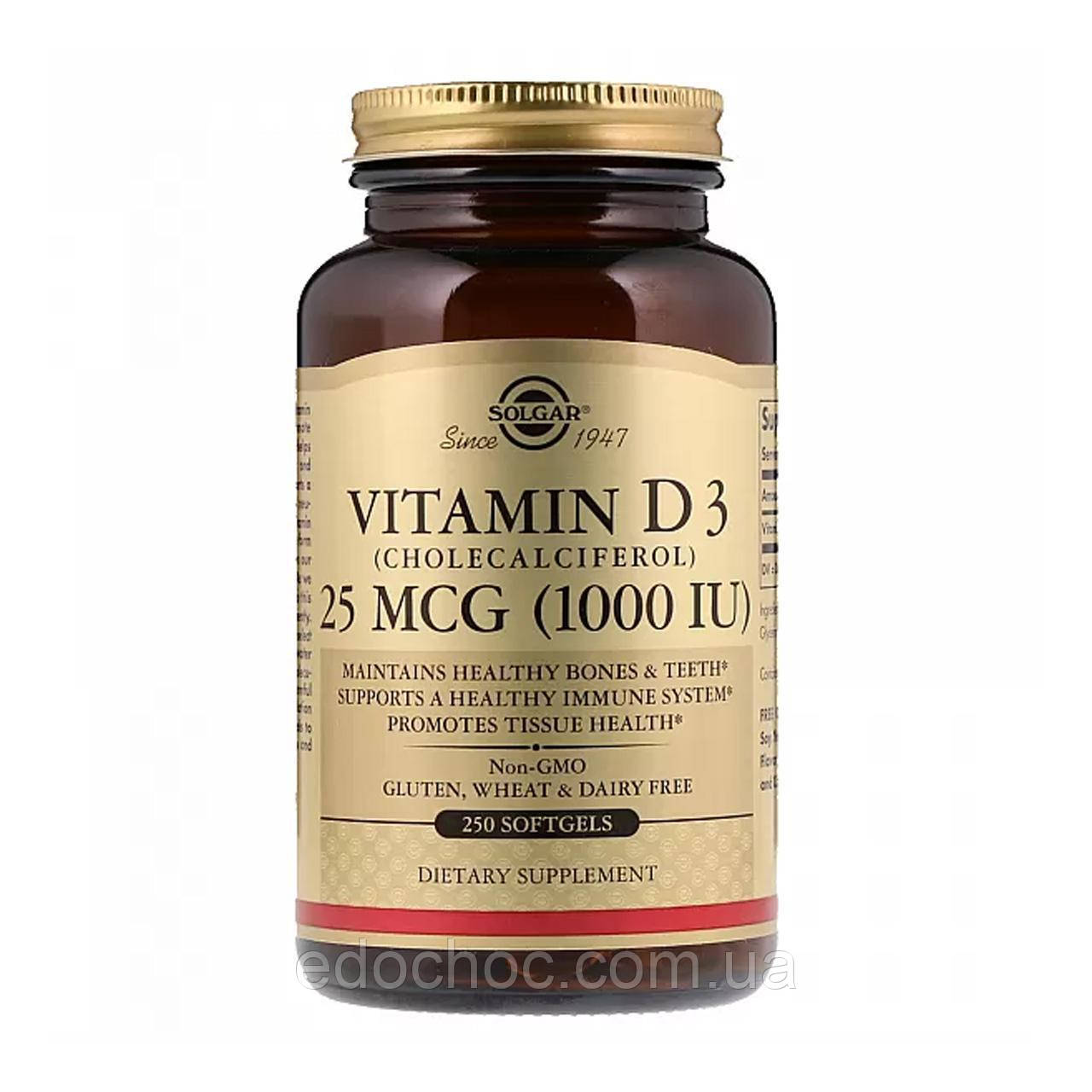 Натуральний вітамін D3 (Vitamin D3) 1000 МО 250 капсул SOL-03341, фото 1