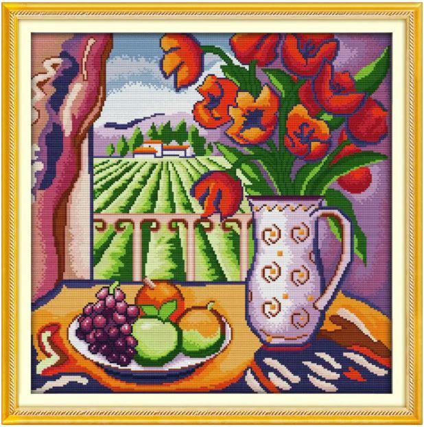 Набір для вишивання за нанесеною на канву схемою "The window view" . AIDA 14CT printed, 45*45 см