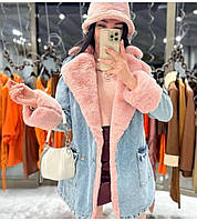 Куртка женская зимняя джинсовая удлиненная голубая с розовым мехом