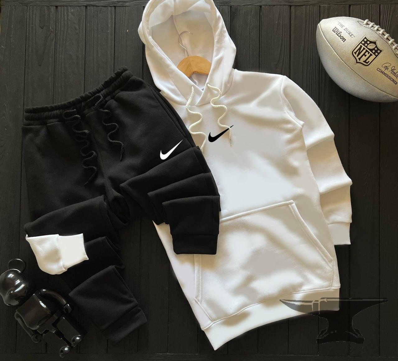 Теплий спортивний костюм чоловічий Nike Cl зимовий на флісі чорно-білий толстовка штани найк зима з начосом