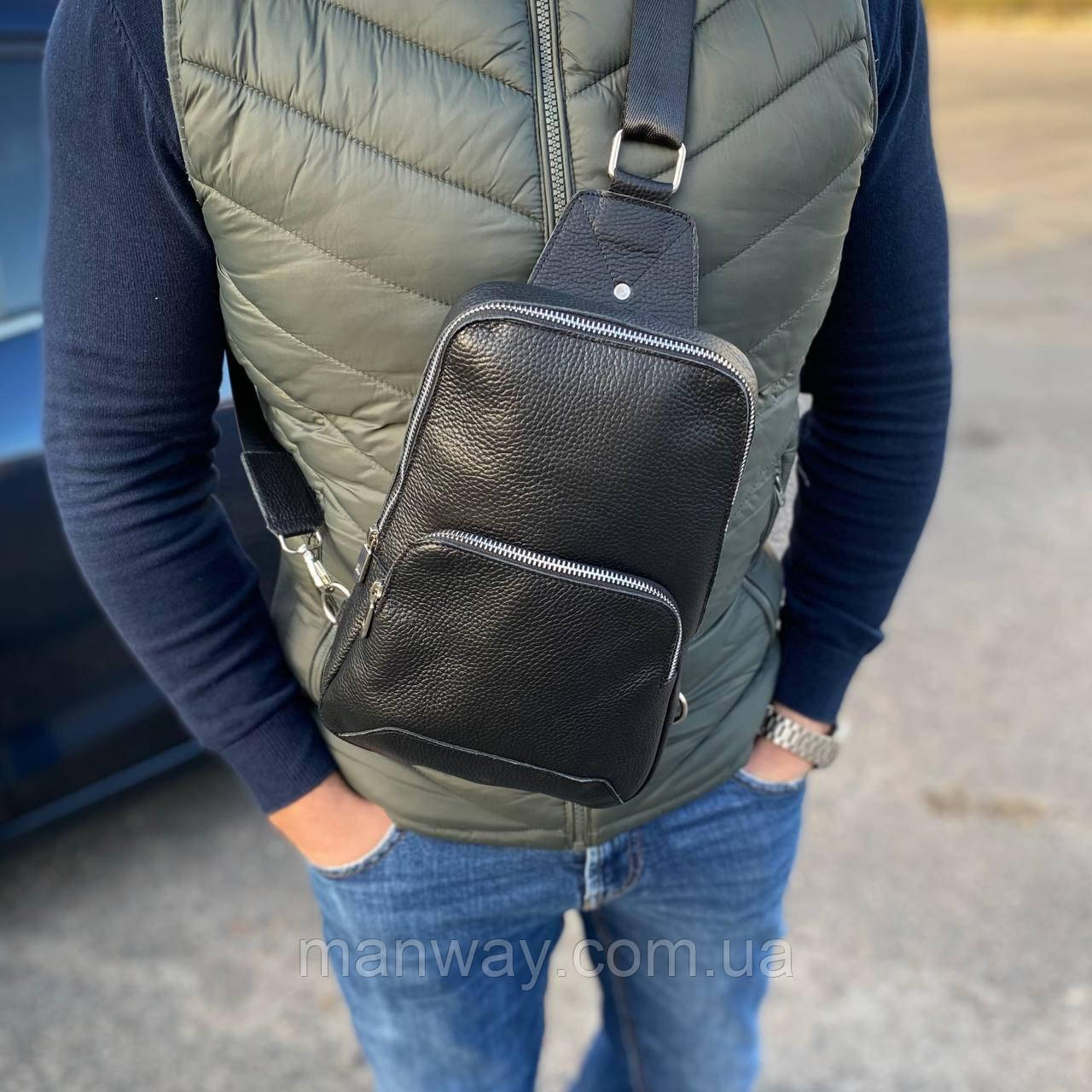 Чоловічий слінг нагрудна сумка 100% натуральна шкіра містка бананка чоловіча