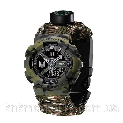 Тактичний годинник Patriot 005 Тризуб золото Зелений камуфляж Паракордовий ремінець Camo Green + Коро, фото 1