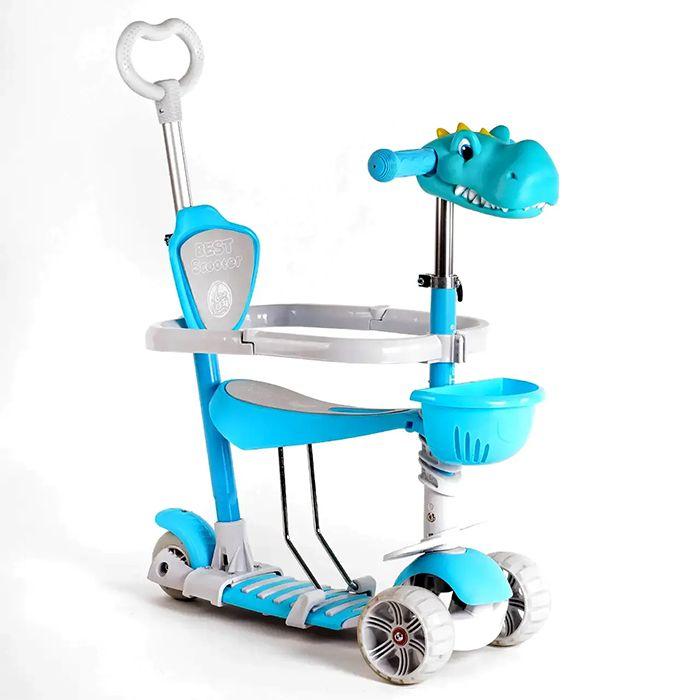 Самокат триколісний Best Scooter "5 в 1" S-81077 із захисним бампером, іграшка на кермі, колеса PU зі світлом, Блакитний