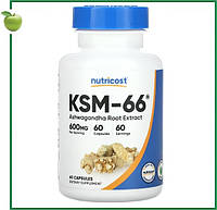 KSM-66, экстракт корня ашваганды, 30 мг витанолидов в 1 капсуле, 600 мг, 60 капсул, Nutricost, США