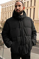 Мужская зимняя куртка на синтепухе с капюшоном чёрная