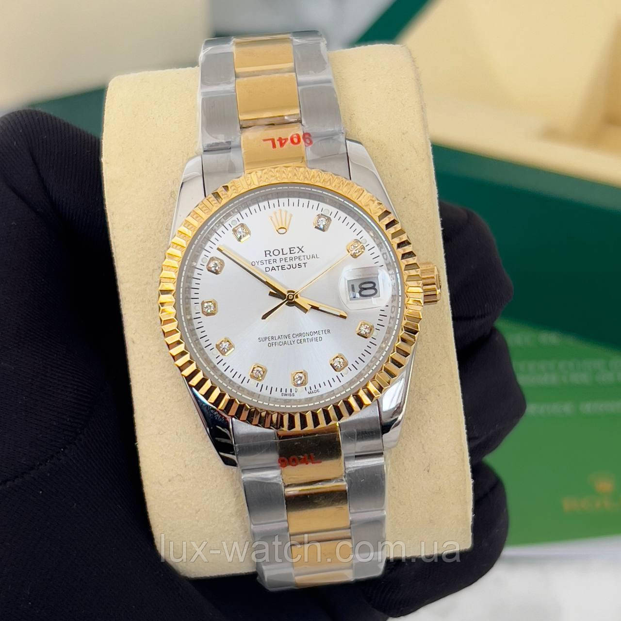 Ефектний годинник наручний R/o/l/e/x/ DateJust 36 Diamond Silver/Gold-Pearl