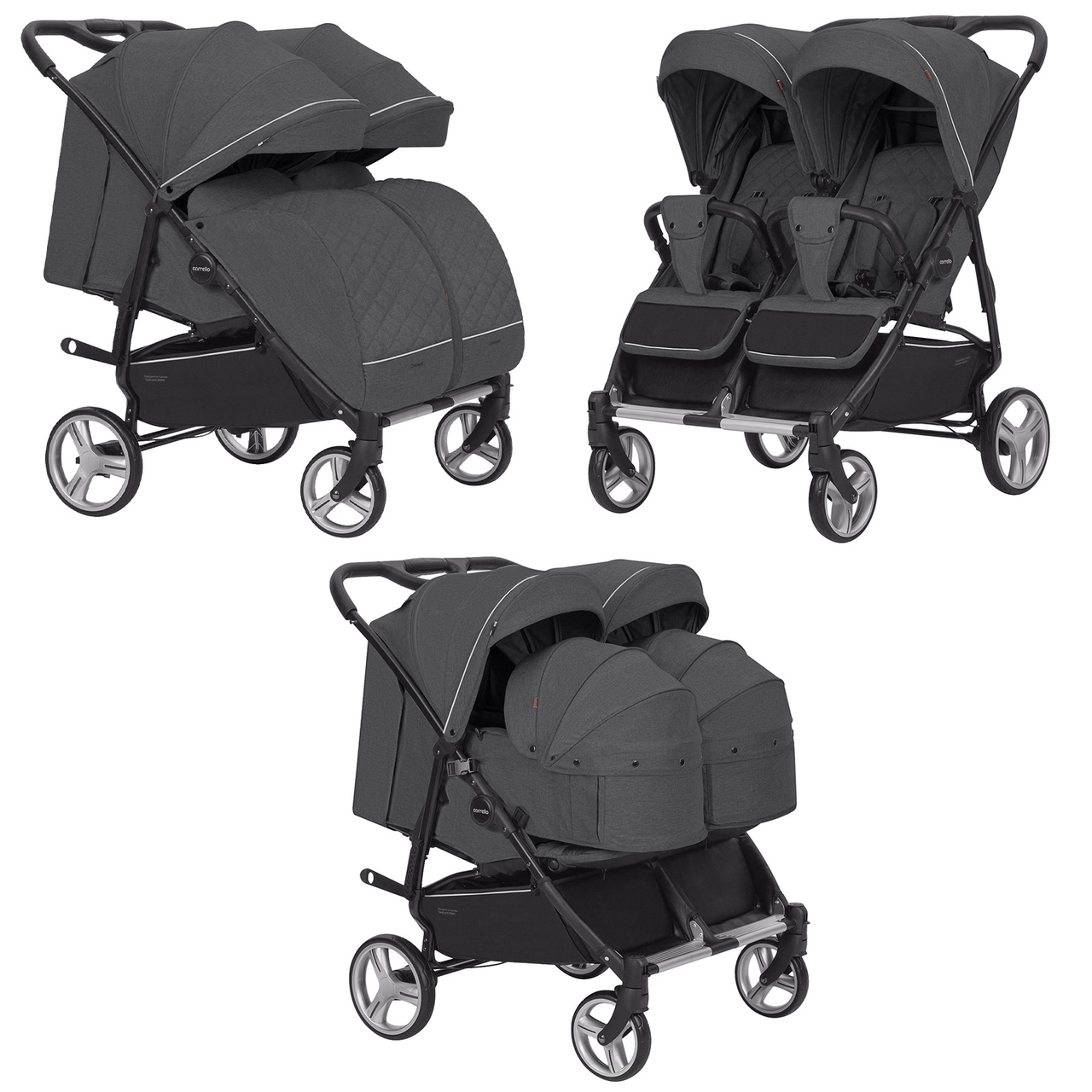 Коляска універсальна 2 в 1 для двійні, CARRELLO Connect CRL-5502/1 Serious Black, чорна, Карелло Коннект