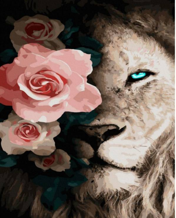 Картина Малювання за номерами тварини Лев та троянда Картини за номерами 40х50 Rainbow Art GX45016