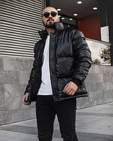 Мужская стильная зимняя, кожаная курточка, чёрная (до - 25)