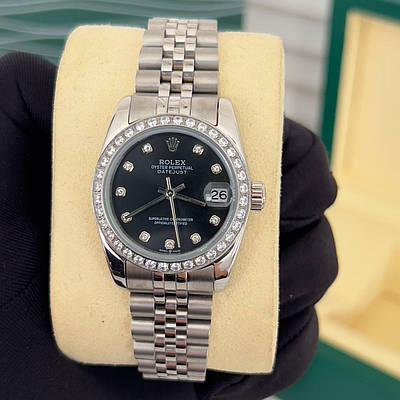 Елегантний жіночий годинник Rolex 28 mm Datejust Diamond Silver-Black