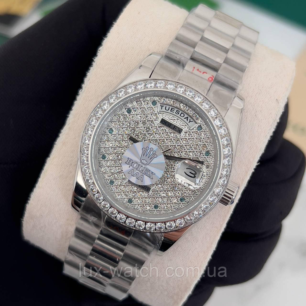 Модний наручний годинник Rolex 36 mm Day — Date Silver Diamond