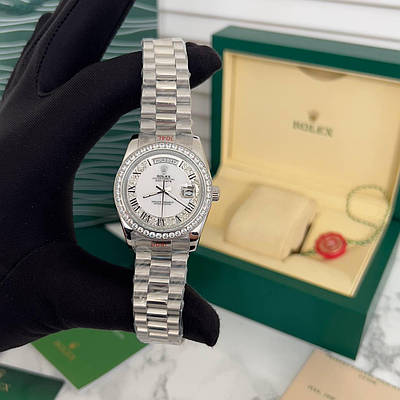 Годинник наручний для дівчат Rolex 36 mm Day — Date Silver Diamond