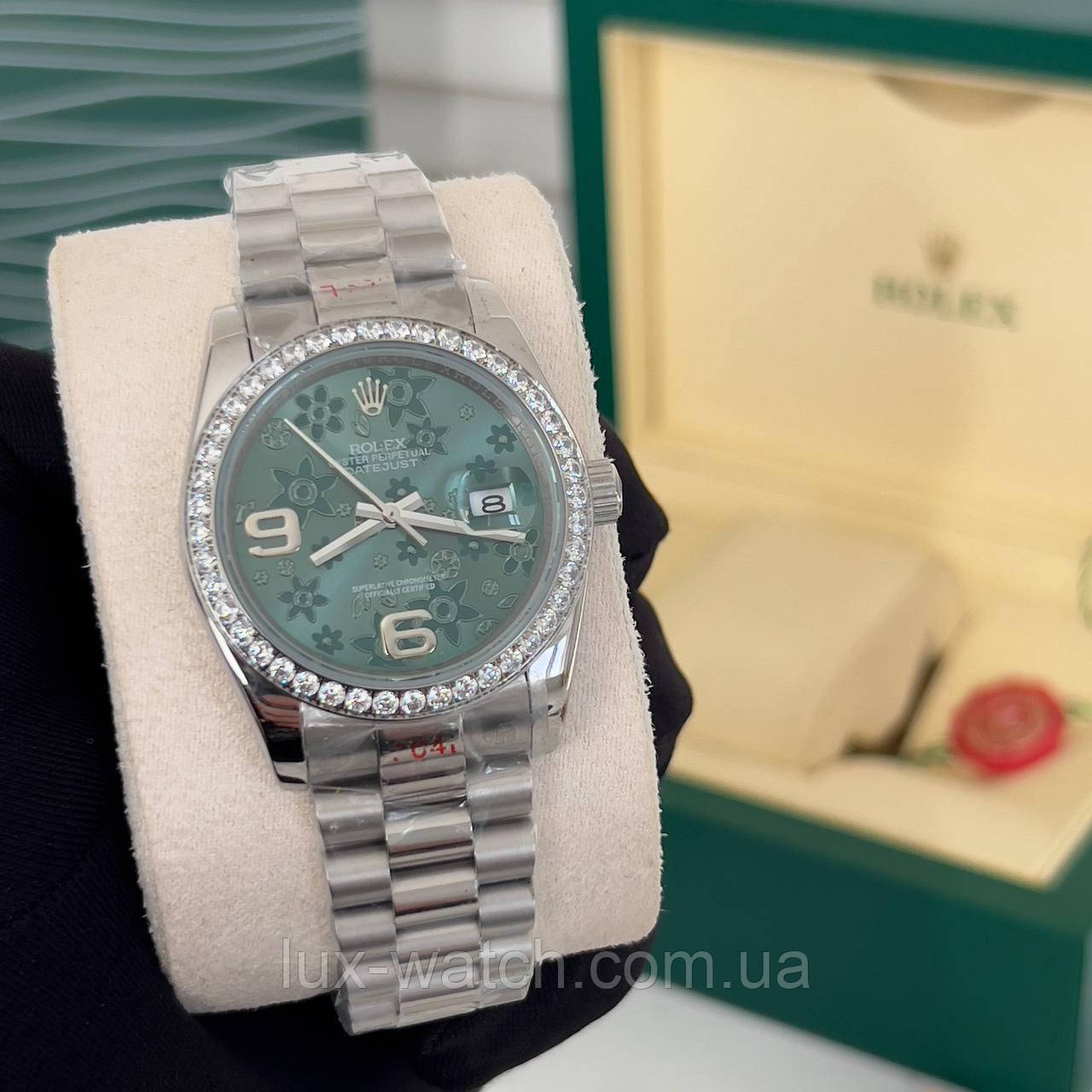 Жіночий витончений годинник Rolex 36 mm Datejust Diamond Floral Silver-Green