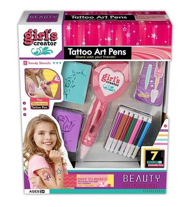 Набір для тату, машинка для татуювання на батарейках, 7 фломастерів, 8 трафаретів, у коробці (МВК 382), фото 1