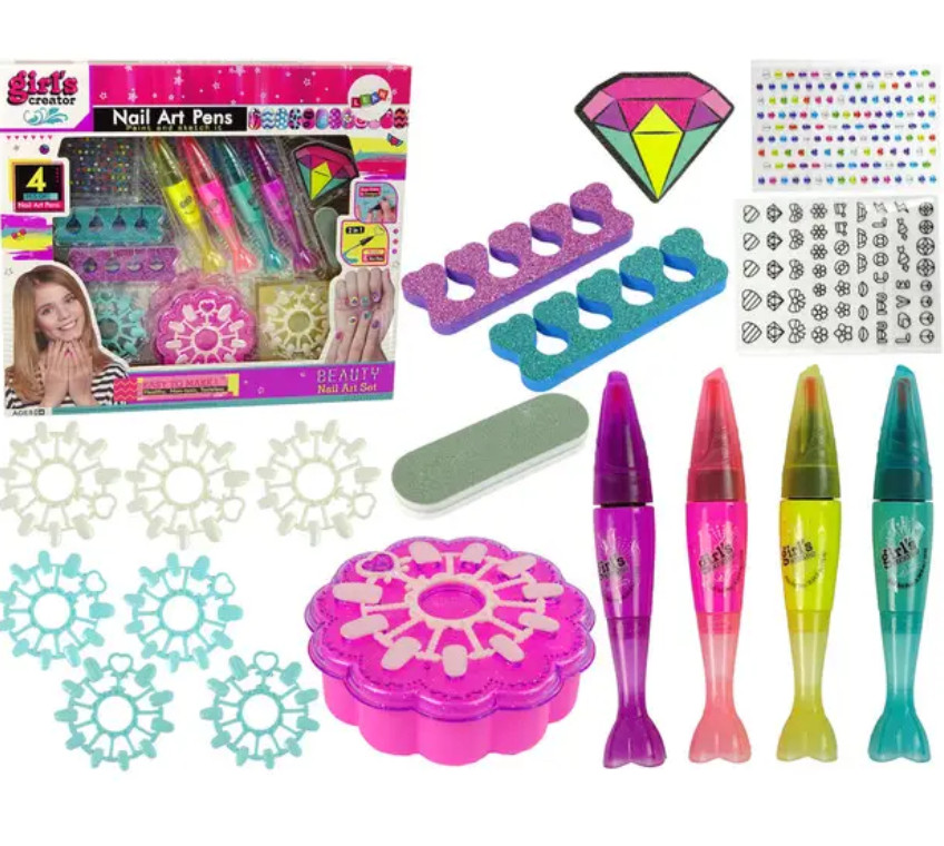 Набір для манікюру дитячий, 4 кольори двосторонных арт-ручок, розділювач для пальців та пилочка, 12 наборів накладних нігтів,