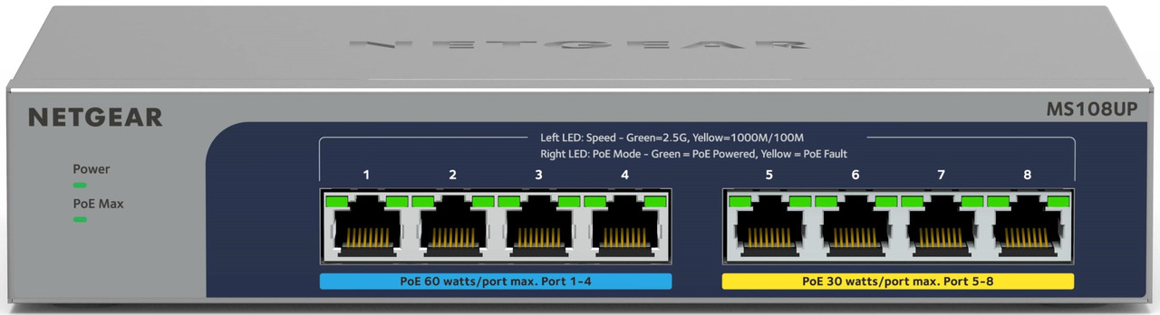 NETGEAR Комутатор MS108UP, 4x2,5GE PoE, 4x2,5GE PoE (60Вт/порт), 230 Вт, некерований (MS108UP-100EUS)