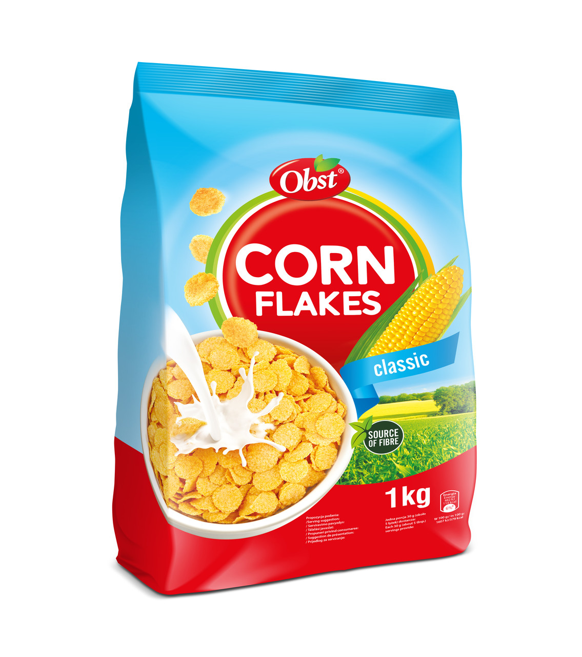 Кукурудзяні пластівці OBST Corn Flakes, 1 кг, Польща, швидкого приготування з вітамінами та залізом