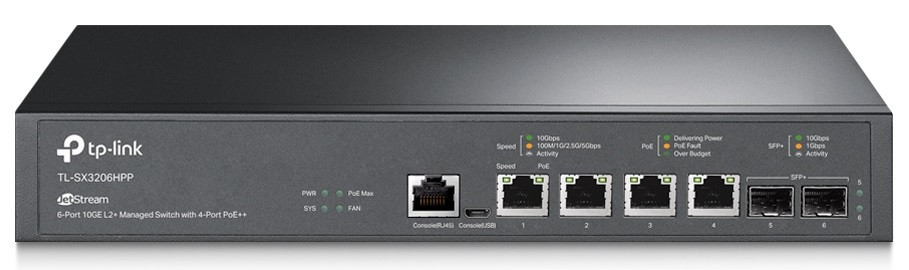 TP-Link Комутатор L-SX3206HPP 2xSFP (10GE) 4x10GE LAN console microUSB L2 JetStream 19" 1U (TL-SX3206HPP)