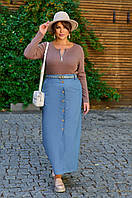 Голубая джинсовая юбка с разрезом батал с 46 по 68 размер