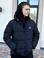 Мужская зимняя куртка Adidas чёрная водостойкая на пуху, Тёплая стильная куртка-пуховик Адидас чёрная ко trek