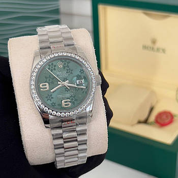 Годинник жіночий Rolex 36 mm Datejust Diamond Floral Silver-Green