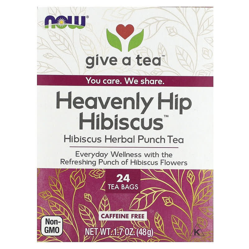 Чай із квіток гібіскусу NOW Foods, Real Tea "Heavenly Hip Hibiscus" каркаде без кофеїну, 24 пакетики (48 г)