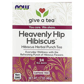 Чай із квіток гібіскусу NOW Foods, Real Tea "Heavenly Hip Hibiscus" без кофеїну, 24 пакетики (48 г)