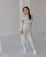 Детская трикотажная пижама для девочки кофта и штаны хлопковая с рисунком цвет серый 3-4, 5-6, 7-8 122-128