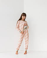 Детская трикотажная пижама для девочки кофта и штаны хлопковая байка с рисунком цвет персик 3-4, 5-6, 7-8