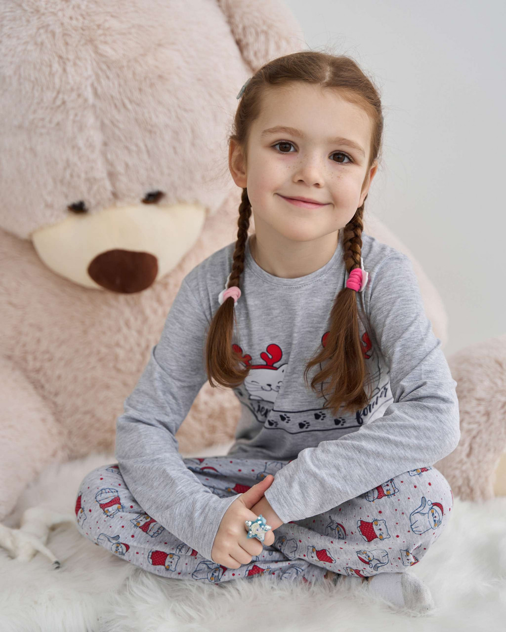 Детская трикотажная пижама для девочки кофта и штаны хлопковая с рисунком цвет серый 3-4, 5-6, 7-8 - фото 6 - id-p2003976678