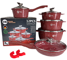 Каструлі для будь-яких плит HK-305 Набір посуду Higher Kitchen із граніту зі сковорідкою 12 предметів Червоний