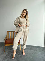 Женская теплая махровая пижама тройка кофта, топ и штаны