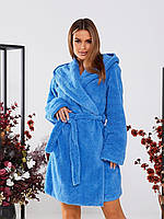 Женский короткий махровый халат с капюшоном теплый голубой 42-48 | Халаты женские короткие