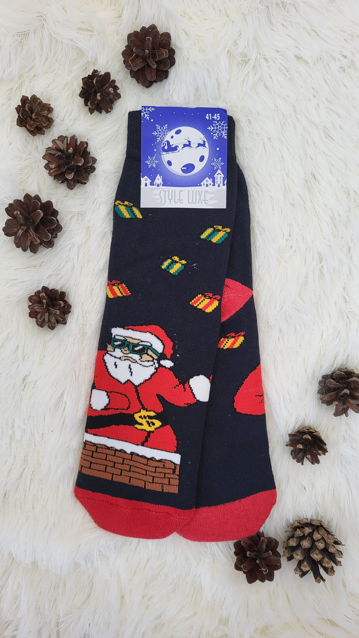 Теплі махрові шкарпетки чоловічі з малюнком Санта в димарі, різні кольори 41-45
