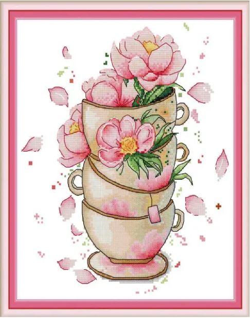 Набір для вишивання за нанесеною на канву схемою"Flower on coffee cup".AIDA 14CT printed, 29*32 см