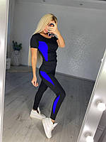 Женский спортивный фитнес костюм для зала: футболка и лосины, черный с синими вставками, M